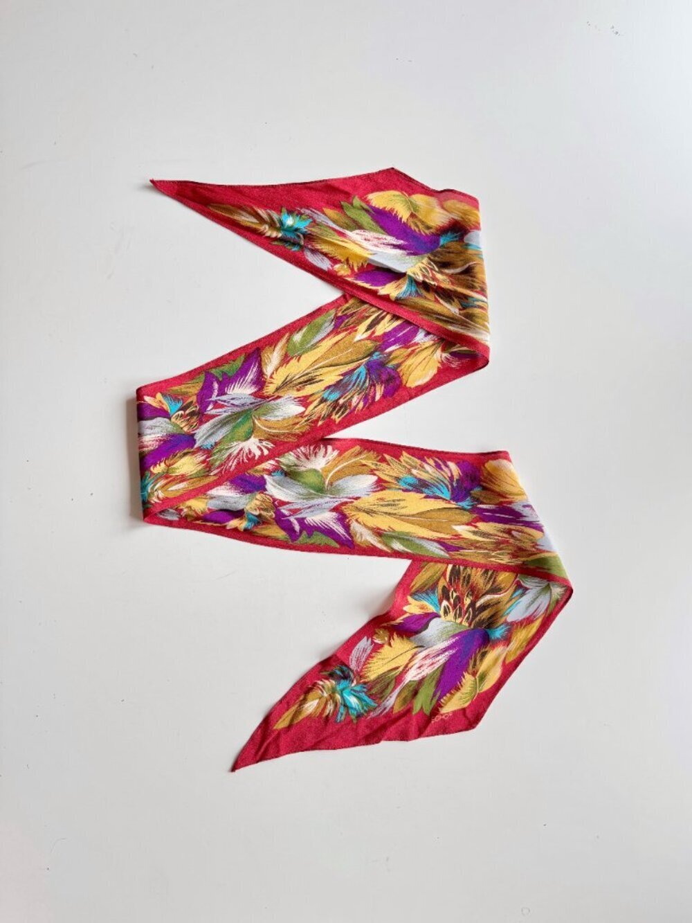 Vintage ECHO Red Yellow Purple Floral Silk Crepe 67" x 8" Skinny Scarf